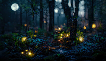 Wall Mural - dark fairytale fantasy forest. night forest landscape with magical glows. abstract forest, magic, fa