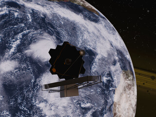 Wall Mural - james webb telescope somewhere in space near blue planet earth with atmosphere. 3d rendered illustra