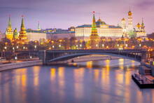 Kremlin And Moscva River At Dawn, Moscow Russia, Long Exposure Image
