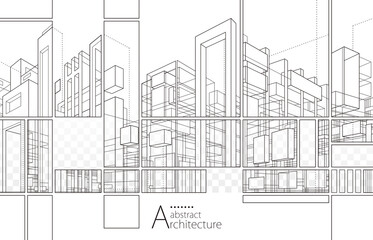 Aufkleber - 3D illustration Imagination architecture building construction perspective design, abstract modern urban building out-line black and white drawing.