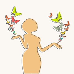 Poster - Silhouette of a woman. Butterflies fly out from girls hands. Thin line style