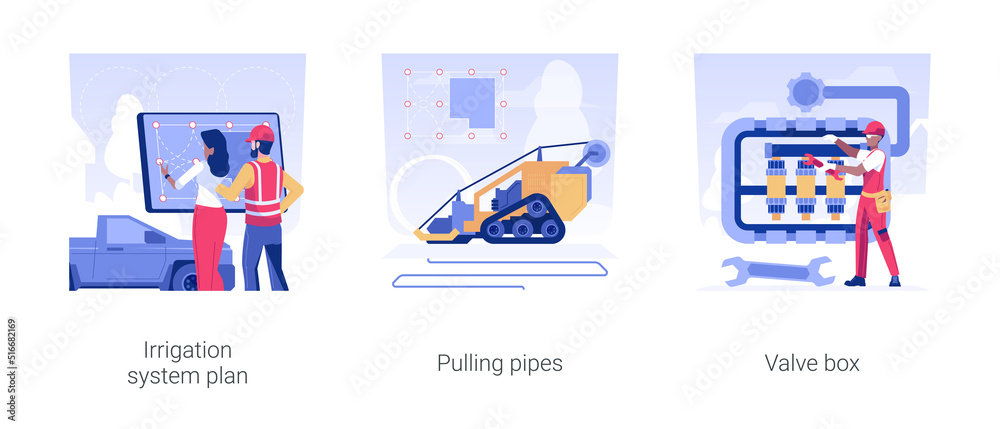 Irrigation system installation isolated concept vector illustration set ...