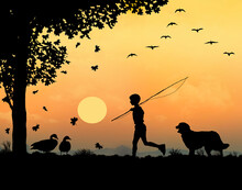 A Boy With A Fishing Pole And His Dog Are Seen Walking As Leaves Fall From A Maple Tree And Canada Geese Fly And Sit Nearby In A 3-d Illustration.