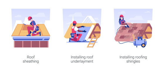 private house roofing isolated concept vector illustration set. roof sheathing, installing roof unde