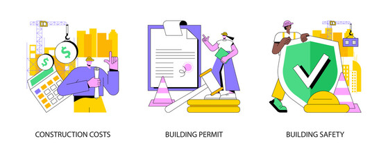 Construction business abstract concept vector illustration set. Construction costs, building permit and safety, protection helmet, contractor engineering, design project, investment abstract metaphor.