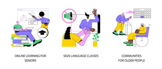 Poster - Senior community and education abstract concept vector illustration set. Online learning for seniors, sign language classes, communities for older people, free course, silent speech abstract metaphor.