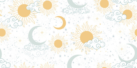 Wall Mural - pastel pattern with moon, sun, clouds. flat vector seamless space ornament for white fabric, scrapbo