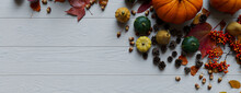 Fall Flat Lay With Leaves, Gourds And Fruits. Thanksgiving Concept With Space For Text.