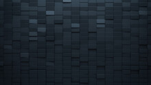 3D Tiles Arranged To Create A Black Wall. Rectangular, Futuristic Background Formed From Semigloss Blocks. 3D Render