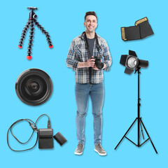 Canvas Print - Male photographer with set of modern equipment on blue background