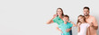 © Pixel-Shot - Portrait of happy family brushing teeth on light background with space for text