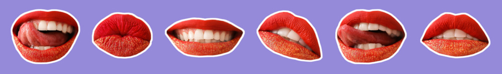 Poster - Set of beautiful red female lips with glitters on lilac background