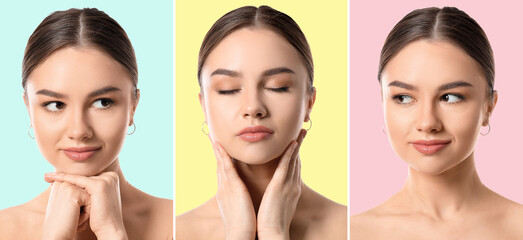 Sticker - Collage with beautiful young woman on colorful background. Skin care concept