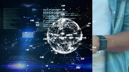 Poster - Animation of globe with connections and data processing over caucasian man using smartphone