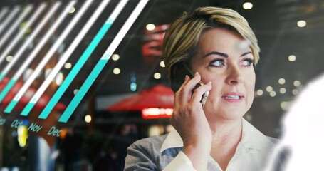 Poster - Animation of graph, globe and data over happy caucasian woman using phone in city at night
