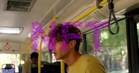 Poster - Animation of pink nft text over thoughtful caucasian man travelling on bus