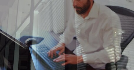 Poster - Animation of caucasian man using smartphone over cityscape