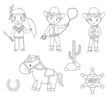 Line Indian Boy And Cowboy In Costume. Cute Childish Outline Illustration Isolated On White Background For Coloring Page. Wild West Theme