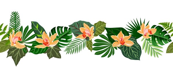 vector drawing tropical garland with green leaves and orchid flowers, floral composition, exotic seamles pattern at white background , jungle border hand drawn illustration