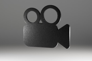 black camera icon illuminated by a spotlight on a gray background. 3d render. 3d illustration