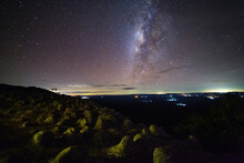 Milky Way Galaxy With Knob Stone Ground Is Name Lan Hin Pum Viewpoint At Phu Hin Rong Kla National Park In Phitsanulok, Thailand