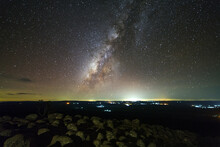 Milky Way Galaxy With Knob Stone Ground Is Name Lan Hin Pum Viewpoint At Phu Hin Rong Kla National Park In Phitsanulok, Thailand