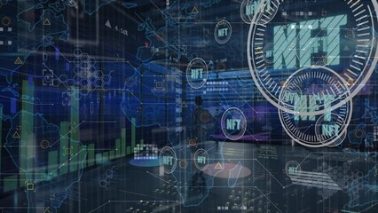 Poster - Animation of data processing with world map and nft text over caucasian businesswoman
