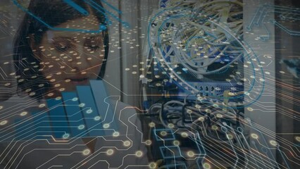 Poster - Animation of computer circuit board and data processing over biracial businesswoman in server room