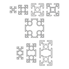 Cross sections of extruded aluminium or aluminum profile, icon, illustration on white background