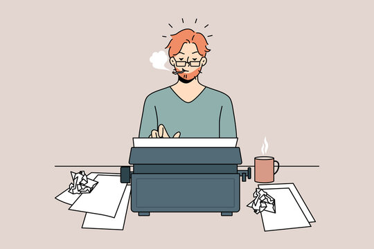 Man author typing on retro typewriter smoking cigarette. Concentrated typewriter working on vintage machine. Creative process concept. Vector illustration. 