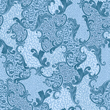Seamless Pattern Blue Colored Baroque Scrolls And Leaves On Leopard Skin Background. Scarf, Neckerchief, Kerchief, Silk Print Design, Batik Wallpaper, Wrapping Paper 