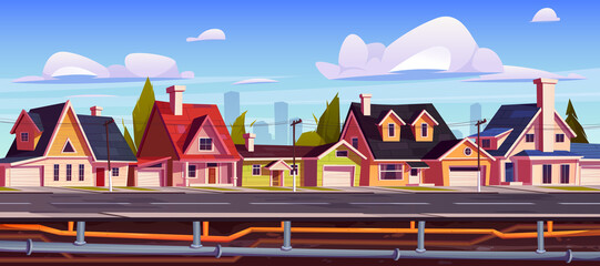 Wall Mural - Suburb houses and underground pipeline. Sewer and plumbing system under city street. Vector cartoon illustration of landscape with suburban cottages, pipes with water and drainage