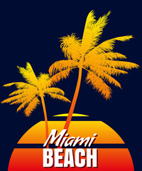 Wall Mural - Sunset Miami Beach summer print t-shirt design. Poster palm tree silhouettes, gradient, typorgaphy. Vector illustration