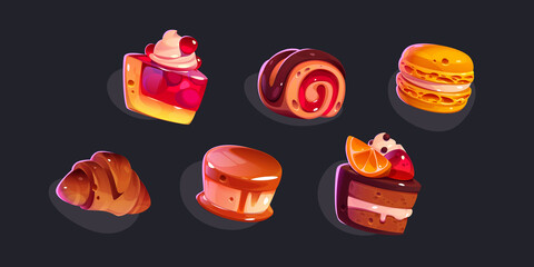 Poster - Game icons cakes, sweets and desserts. Cartoon 2d ui graphic elements, pastry, macaroons, roll and croissant, panna cotta with caramel topping, chocloate, berries and fruits isolated vector set