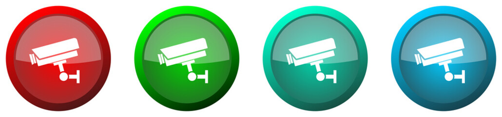 Poster - Cctv camera round glossy web icon set, colorful buttons isolated on white background
