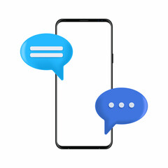 Poster - 3d render chat speech bubbles on smartphone screen. Talking, discussion, communication, message, speak symbol. Realistic chat icon. Template design for web, mobile, advertising. Vector illustration