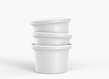 Stack White Plastic Cups For Ice Cream, Yogurt Or Dairy Products. Realistic Set Of Blank Round Jars, Tubs, Paper Food Containers. Packaging Template Isolated On Background, Side View 3d Render Mockup