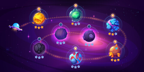 Space game level map with spaceship and alien planets. Cartoon 2d gui computer or mobile arcade with ufo saucer travel in cosmos and bonus stars. Cosmos, universe futuristic trip, vector illustration