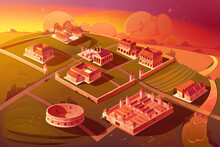 Rome Isometric Sunset Landscape With Antique Building Vector Cartoon Game Background. Capitol Temple And Basilica With Square, Roman Forum, Taberna And Insula, Castra Ancient Military Camp At Sinrise