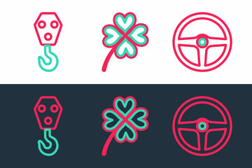 Poster - Set line Steering wheel, Industrial hook and Four leaf clover icon. Vector