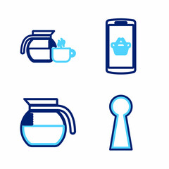 Sticker - Set line Keyhole, Coffee pot, Shopping basket on mobile and with cup icon. Vector