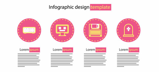 Sticker - Set line Floppy disk, Tombstone with cross, Dead monitor and Retro flip clock icon. Vector