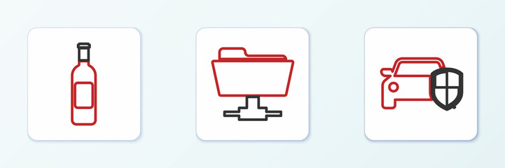Poster - Set line Car protection or insurance, Bottle of wine and FTP folder icon. Vector