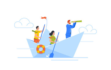 business people sailing on paper boat. businessmen and woman team row, boss searching correct way wi