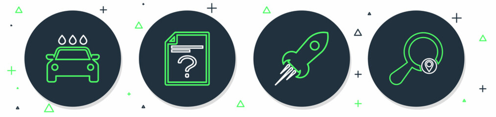 Poster - Set line Unknown document, Rocket ship with fire, Car wash and Search location icon. Vector