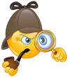 Retro emoji emoticon detective looking through a magnifying glass and smoking a pipe