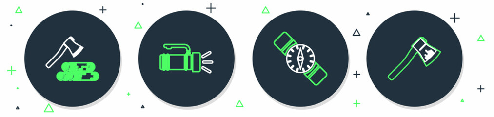 Poster - Set line Flashlight, Compass, Wooden axe and wood and icon. Vector