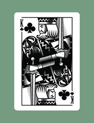 Engraved vintage drawing of King playing card of Clubs suit in vintage engraving drawing style