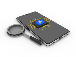 Poster - 3d rendering microchips on mobile phone search concept
