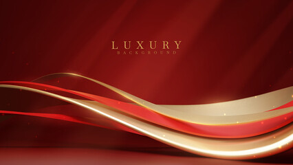 Red luxury background with golden curve decoration with glitter light effect elements and bokeh.